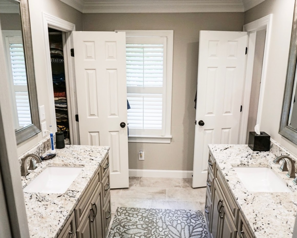 Dual Bathroom Vanities With Granite Counter Tops and Tile Flooring, Apex NC.