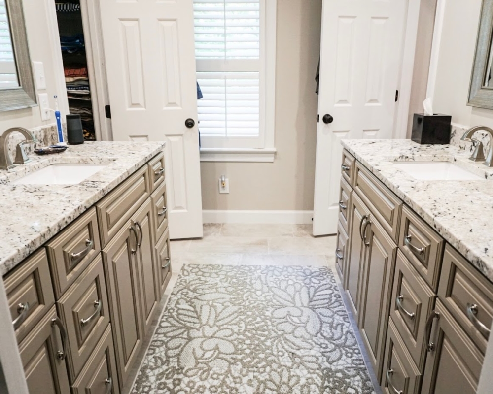 Dual Bathroom Vanities With Granite Counter Tops and Tile Flooring, Apex NC.